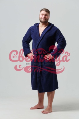 [МК] Мужской классический махровый халат с капюшоном (Темно-синий)
